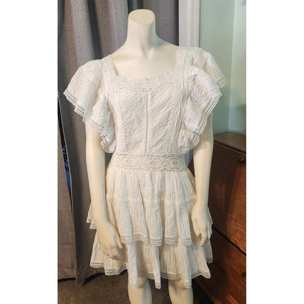En Creme White Tiered Ruffle Crochet Lace Flutter Sleeve Mini Dress Sz M Cottage